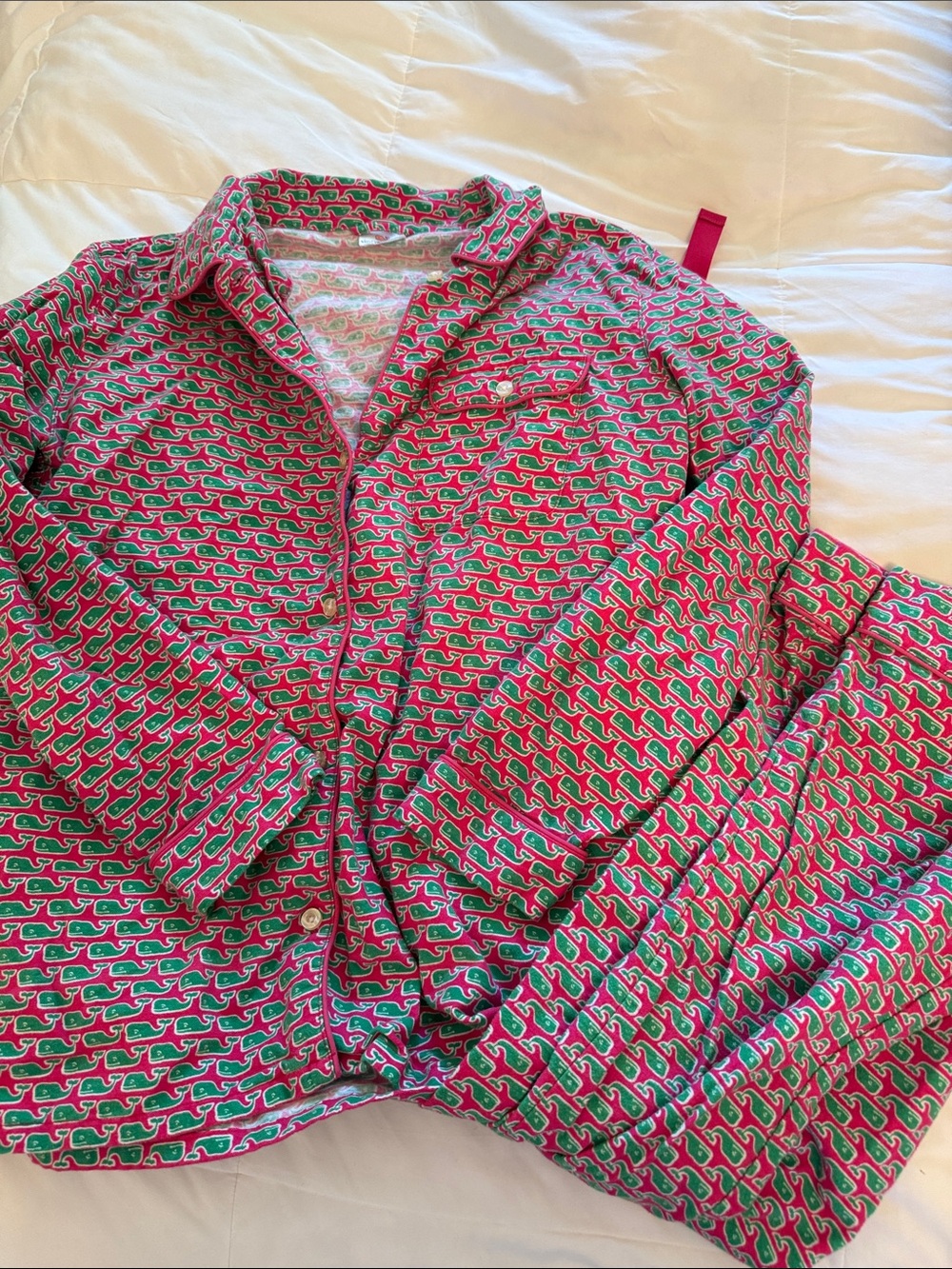 Vineyard Vines Whale Print Flannel Pajama Set -Pink & Green